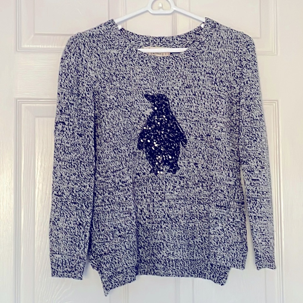Pink Republic black heathered knit sweater with penguin design. Girls XL (16)